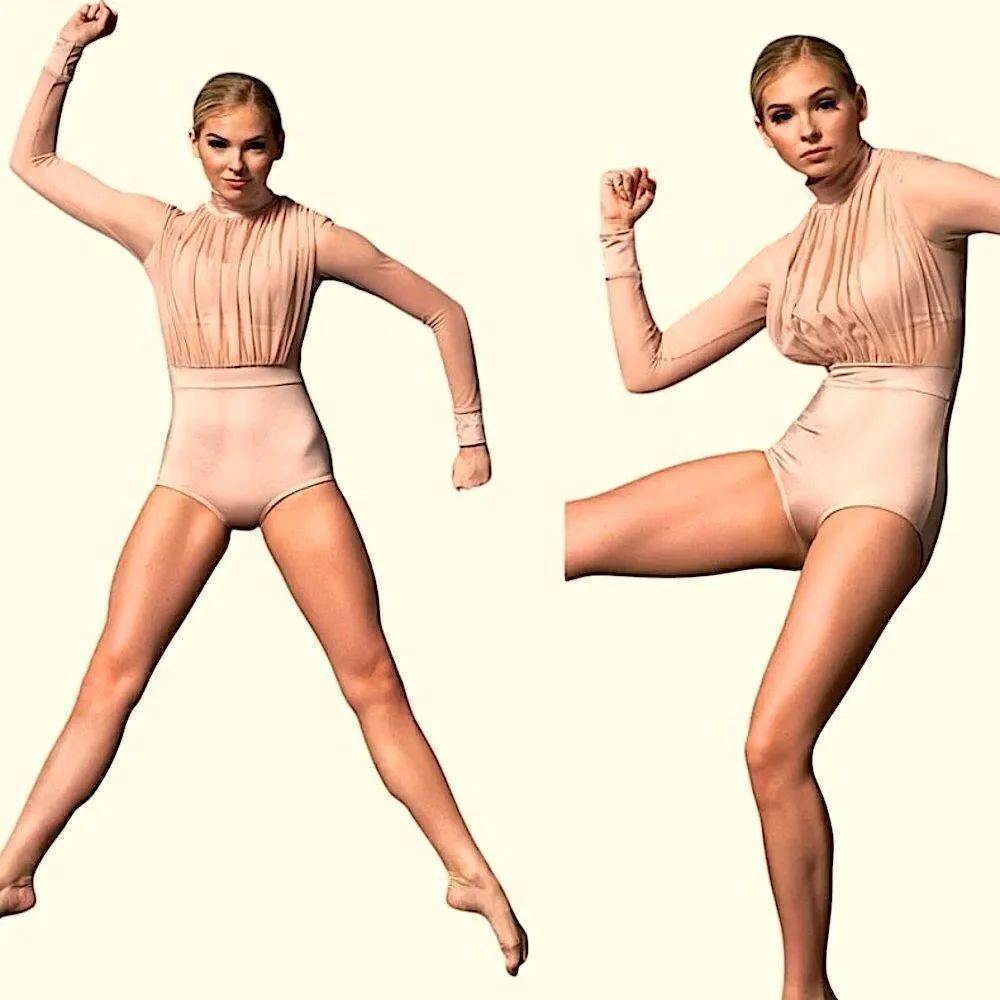 Kelle dance costume tan beige long sleeve mesh leotard 105275 MA-Medium adult